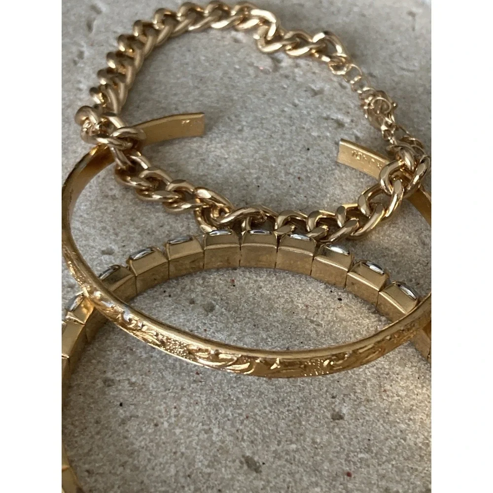 Gold Tone Bling Bracelet Set Of 3 Bangles Rhinestones Cuban Link Chain Runway